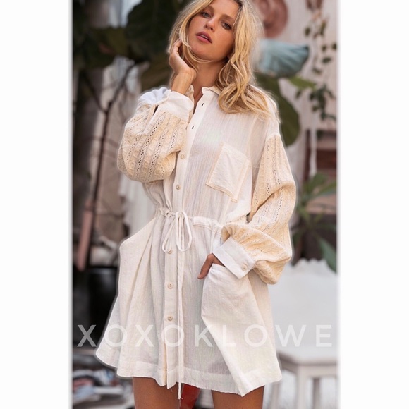 POL Off White Shirt Dress Lace Long Sleeves Oversized Fit - Picture 7 of 10